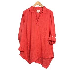 Christian Siriano Linen Asymmetrical Tunic Top 1X Coral Orange Lagenlook Coastal